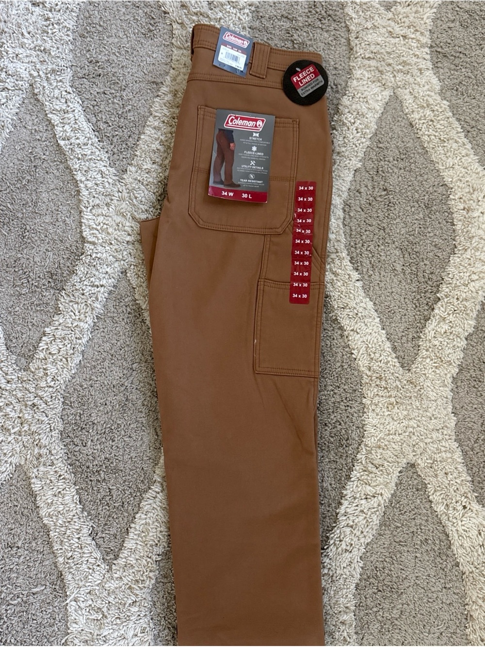 NWT Coleman Men's Fleece-Lined Brown Work Utility Pants Sz 34-30 Retail $90